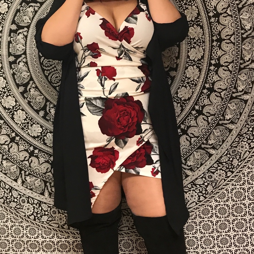 White with red rose Wrap-style dress